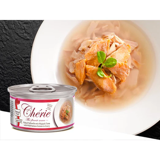 Cherie Flaked Yellowfin mix Skipjack Tuna with Wild Salmon EntrÃ©es in Gravy - 80g_1