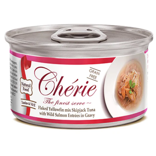 Cherie Flaked Yellowfin mix Skipjack Tuna with Wild Salmon EntrÃ©es in Gravy - 80g